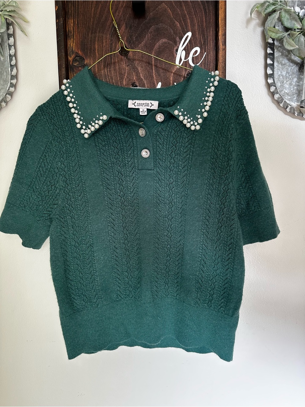 Nanette Lepore Emerald Green Pearl-Trim Short Sleeve Sweater